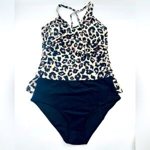 Yonique 2pc Tankini Swimsuit Leopard Print Size L to XXL (SEE MEASUREMENTS) NEW